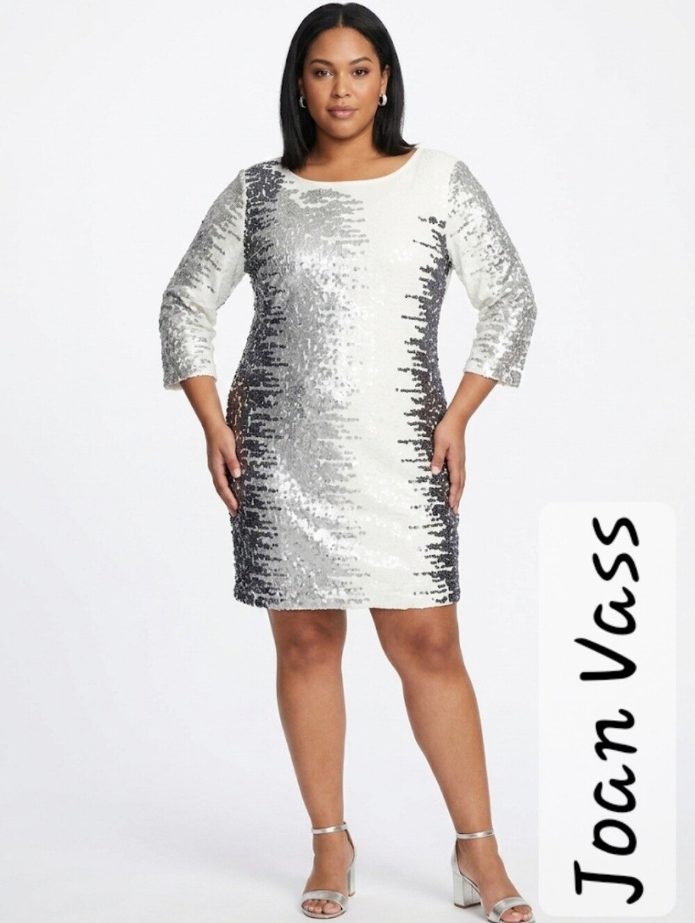 JOAN VASS Size XL Ivory White Sequins Cotton Tunic Glam Dress 3/4 Sleeve NWT